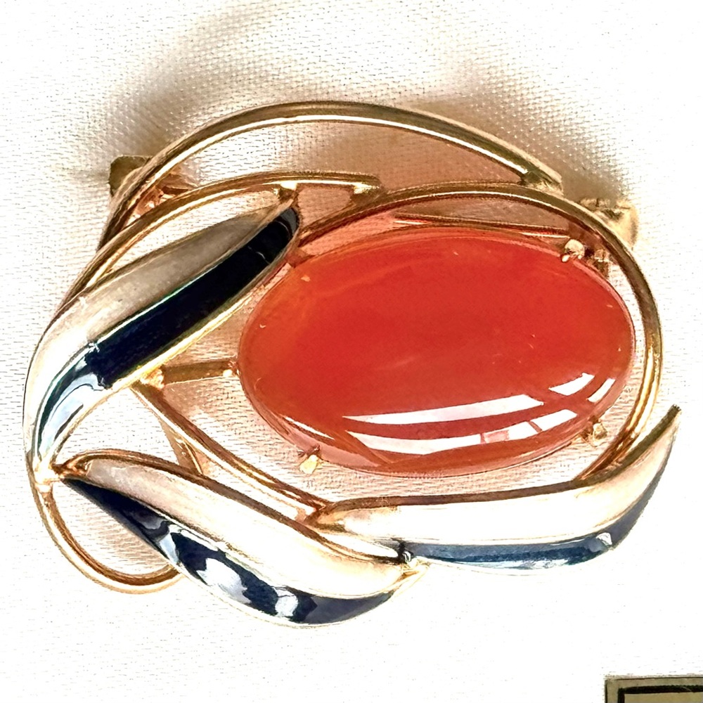 Elegant Orange Agate and Enamel Brooch Hokkaido Japan NEW